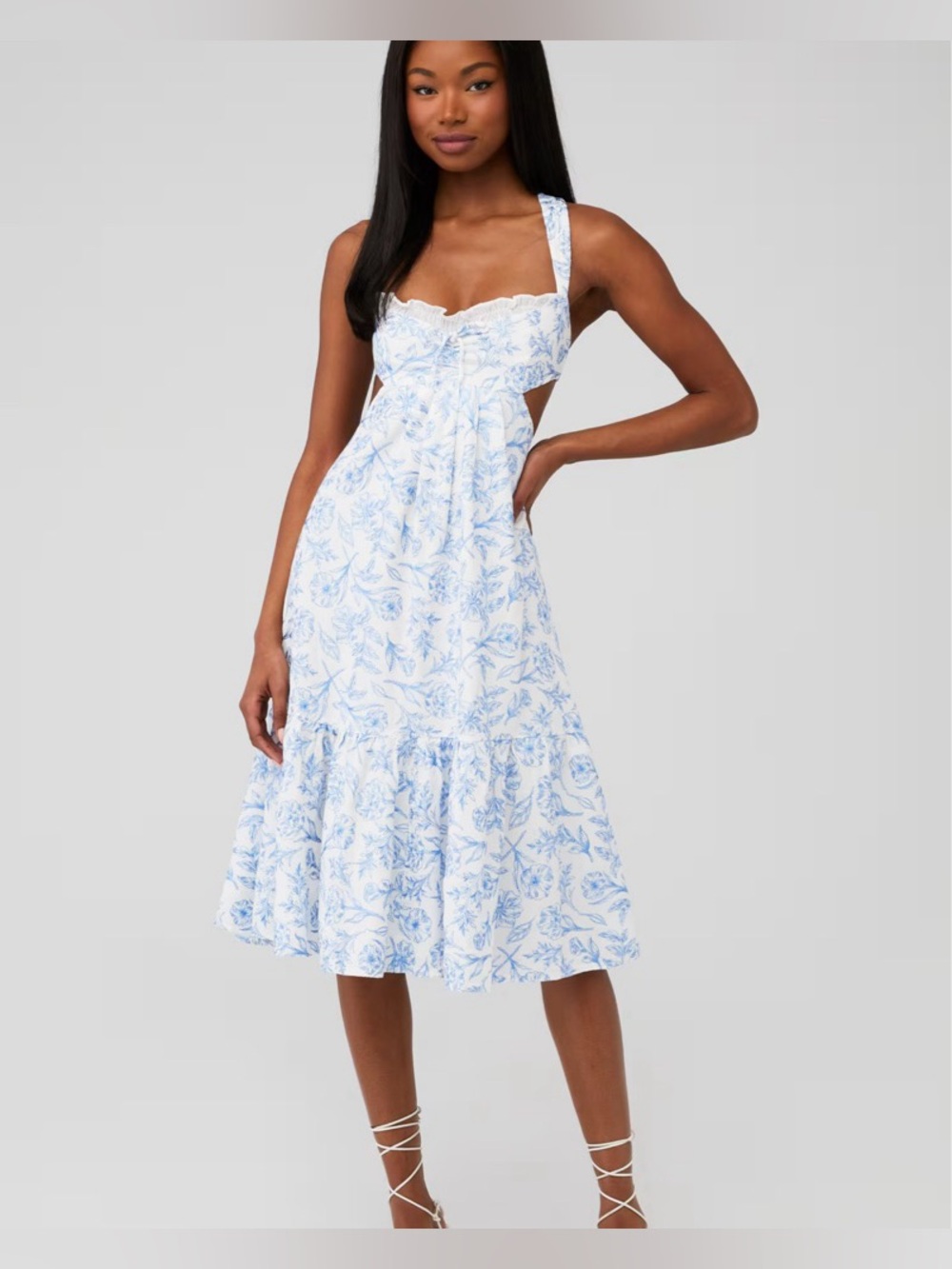 For Love & Lemons White and Light Blue Floral Midi Dress